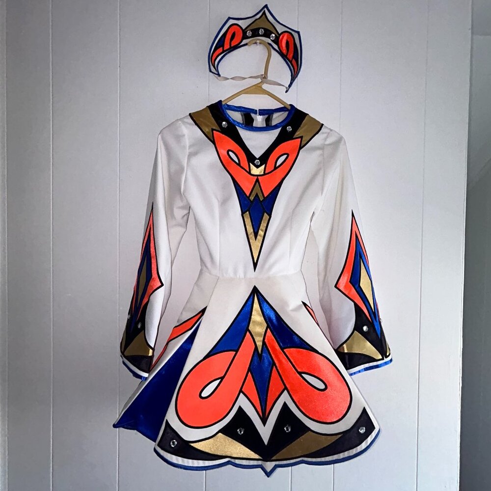 Vintage White Orange Gold Black and Blue Celtic Irish Dancing Competition Dress